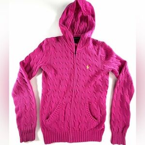 Vtg Y2K Ralph Lauren Sport blue tag Cable Knit Hooded Sweater Jacket Sz M Pink